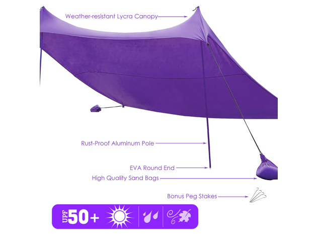 Costway Family Beach Tent Canopy w/4 Poles Sandbag Anchors 10'x9' UPF50+ - Purple