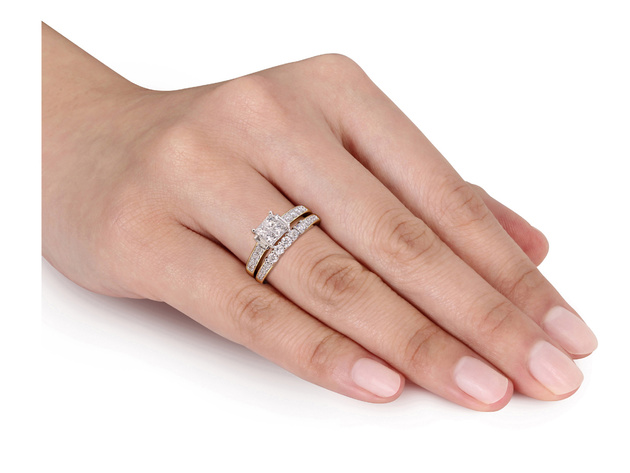 Princess Cut Diamond Engagement Ring & Wedding Band Set 1.0 Carat (ctw Color H-I Clarity I2-I3 ) in 14K White & Yellow Gold - 10