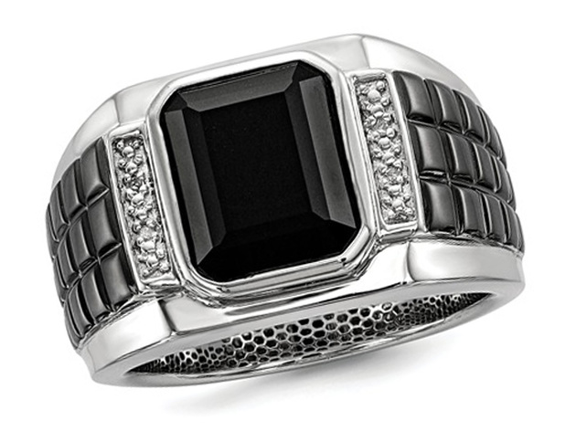 Mens Black Onyx Ring with Accent Diamonds in Black Rhodium Plated ...