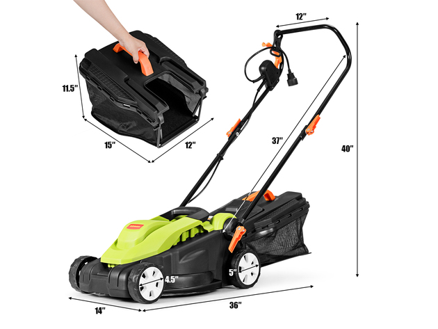 14-Inch 12Amp Lawn Mower w/Folding Handle Electric Push Lawn Corded Mower - Green and Black