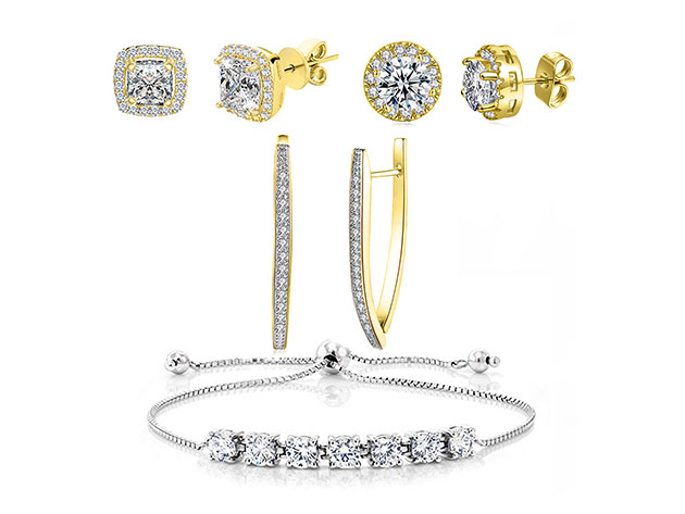 Princess Tennis Bracelet & Earrings Ft. Swarovski Elements Jewelry Set (Gold)