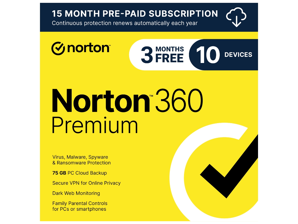 Norton 360 Premium: 75GB Cloud PC Backup for 10 Devices (15-Month Subscription)