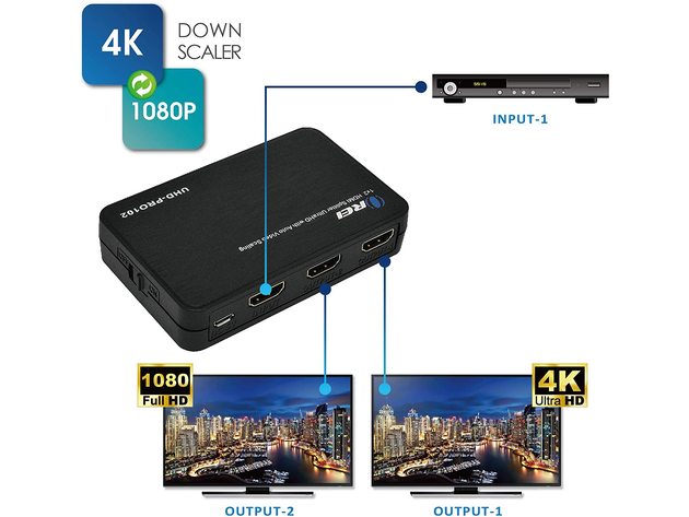 4K 1x2 HDMI Splitter by OREI - With Scaler 2 Ports with Full Ultra HD, HDCP 2.2, 4K at 60Hz & 3D Supports EDID Control - UHD-PRO102