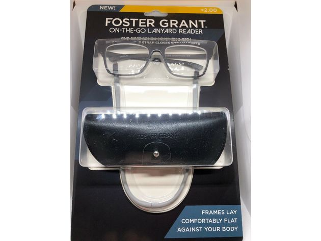 Foster Grant On The Go Lanyard Reader +2.00, Soft And Flexible Spectacle with Cover Case, Black