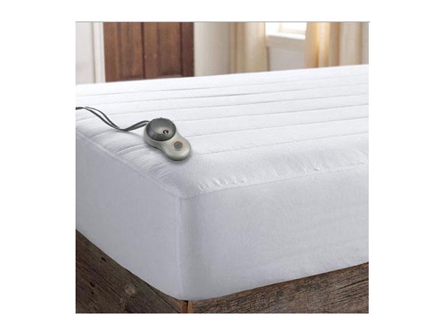 Sunbeam Thermofine Quilted Striped Heated Electric Warming Mattress Pad Twin Size Auto Shut Off 10 Heat Settings - White