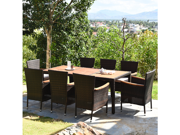 9 Piece Patio Rattan Dining Set  8 Chairs Cushioned Acacia Table Top Brown