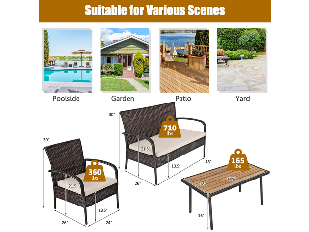 Costway 4 Piece Patio Rattan Furniture Set Outdoor Conversation Set Coffee Table w/Cushions - Brown