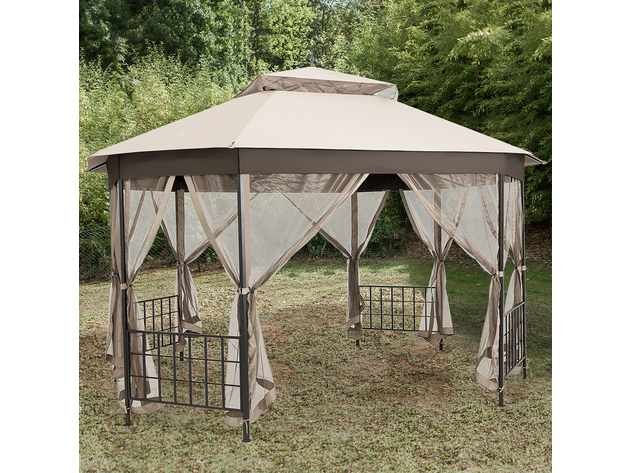 Costway 10'x12' Patio Gazebo Canopy Shelter Double Top Netting Sidewalls Beige