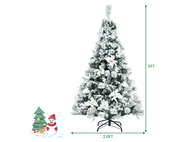 Costway 5ft Snow Flocked Hinged Christmas Tree w/ Berries & Poinsettia Flowers - White