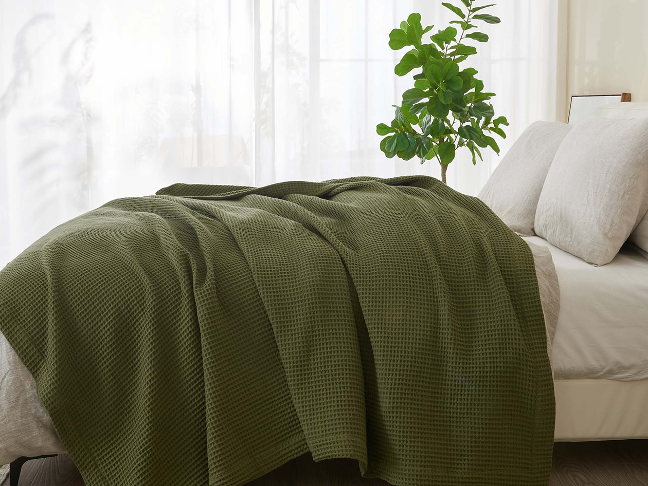 Vintage Cotton Waffle Blanket (Queen/Olive)