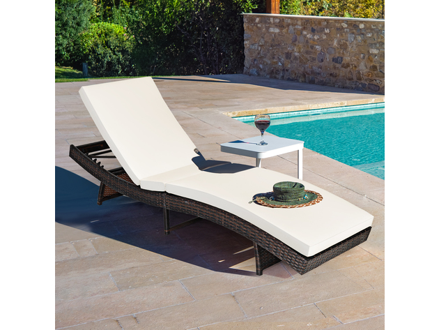 Costway Adjustable Pool Chaise Lounge Chair Outdoor Patio Furniture PE Wicker w/Cushion - White