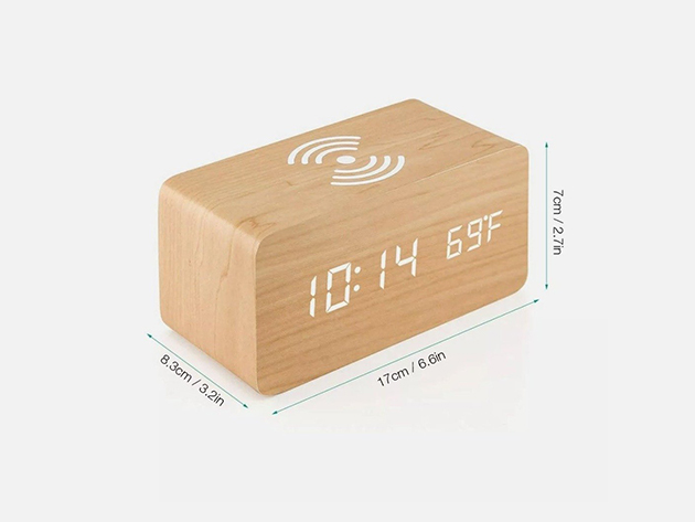 Wooden Digital Alarm Clock with Wireless Qi Charging Pad
