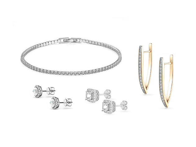 Bracelet & Earrings Made with Swarovski Elements: 4-Piece Jewelry Bundle (Silver)