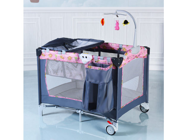 Costway Foldable Baby Crib Playpen Playard Pack Travel Infant Bassinet Bed Music - Pink