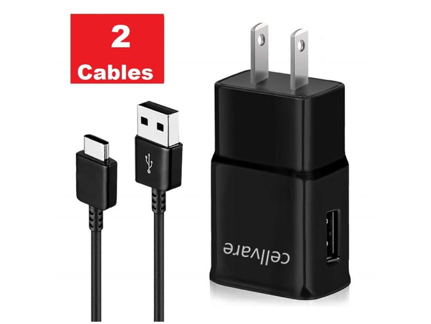 Cellvare Fast AFC Wall Charger Compatible with Galaxy S10, S9, S8 S9, Note 8 includes 2 Type C / USB-C Cables - Black