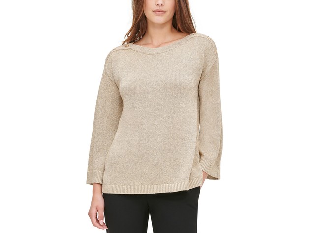 Calvin Klein Women's Button-Shoulder Metallic Sweater Brown Size Small
