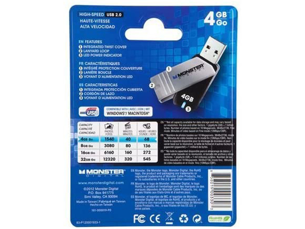 Monster Digital Coppa 4GB USB 2.0 Flash Drive with Integrated Twist Cover No Cap To Lose, FAT File System Makes The Drive Compatible with PC and Mac Systems, Black/Gray (New Open Box)