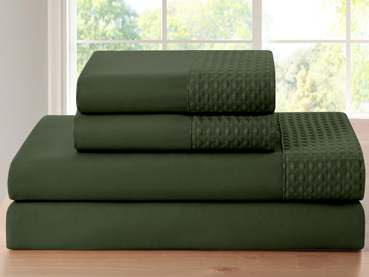 4-Piece Bamboo Blend Waffle Hem Sheet Set (Hunter Green/King)