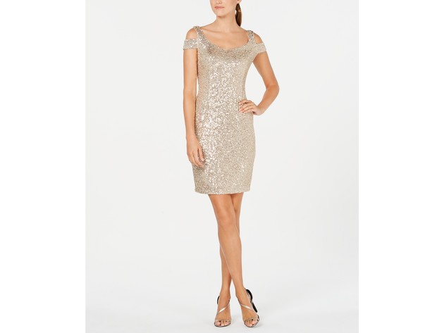 Calvin Klein Women's Sequin Cold-Shoulder Dress Beige Size 10