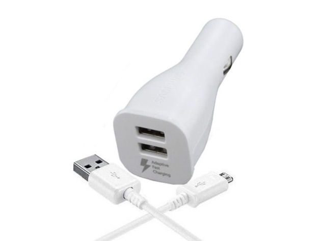Samsung White Adaptive Fast Dual USB Car Charger  w/ Micro USB Cable White