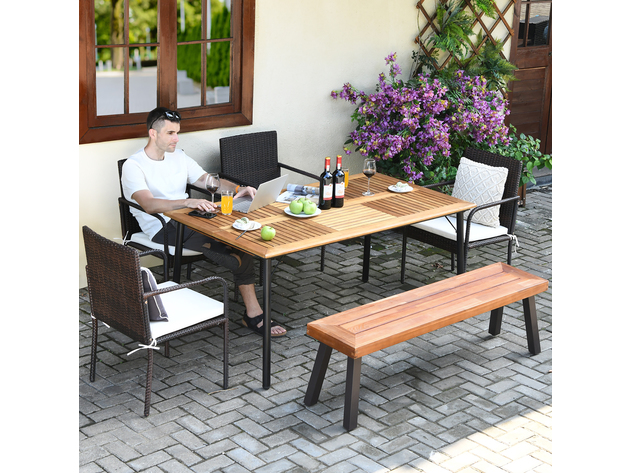 Costway 6 Piece Patio Rattan Dining Set Armrest Chair Wood Table Top Umbrella Hole - Brown