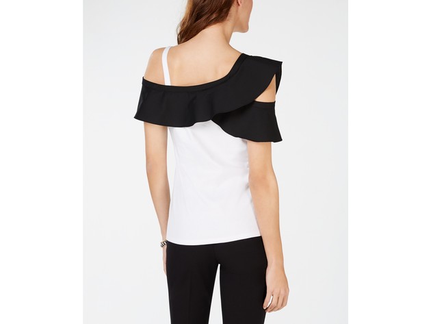 INC International Concepts Colorblocked-Ruffle Women's Cold-Shoulder Top  White Size Large