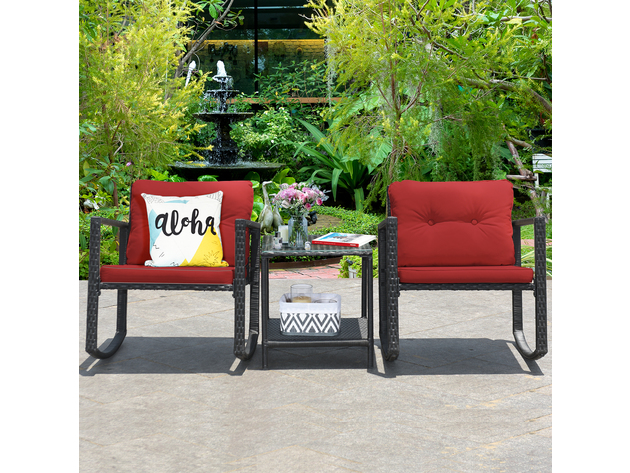 Costway 3-Piece Patio Wicker Bistro Furniture Set w/ 2 Rocking Chairs, Glass Side Table, Cushions - Red