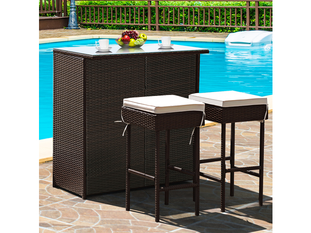 Costway 3 Piece Patio Rattan Wicker Bar Table Stools Dining Set