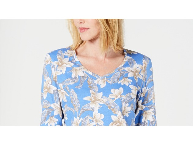 Karen Scott Women's Floral-Print V-Neck Top Blue Size Medium