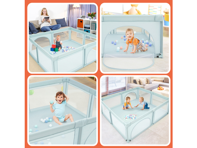 Costway Baby Playpen Infant Large Safety Play Center Yard w/ 50 Ocean Balls Grey\Colorful\Blue - Blue