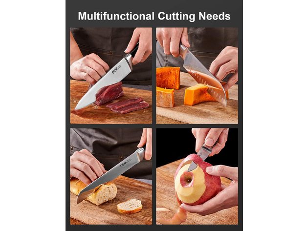 DEIK Knife Set, Upgraded Stainless Steel Kitchen Knife Set 15PCS for Anti-rusting, Super Sharp Carving Knife Set with Ergonomic Handle in Hardwood Block