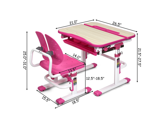 Costway Children Desk Chair Set Adjustable Study Table Drawer Winged Backrest Chair - Pink