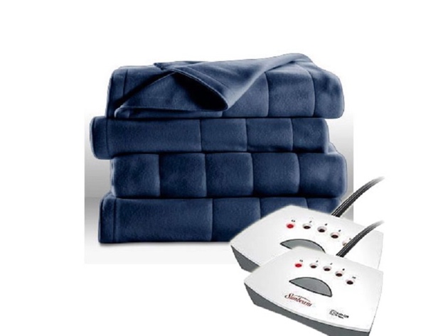 Sunbeam Soft Quilted Fleece Electric Heated Warming Blanket Queen Newport Blue Washable Auto Shut Off 5 Heat Settings