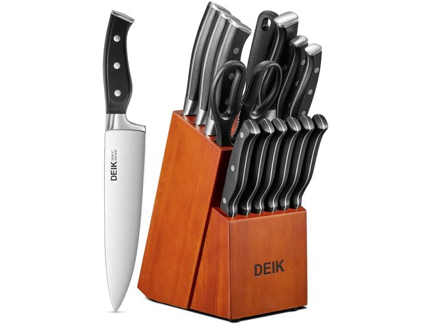 15PCS Japanese Carbon Steel Chef Knives Set Coocking Wooden Block Kitchen Tool 