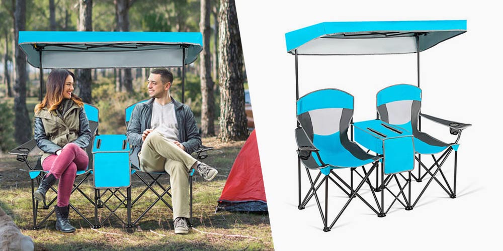 Goplus Portable Folding Camping Canopy Chairs w/ Cup Holder Cooler