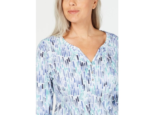Karen Scott Women's Petite Watercolor-Print Henley Top Blue Size Small