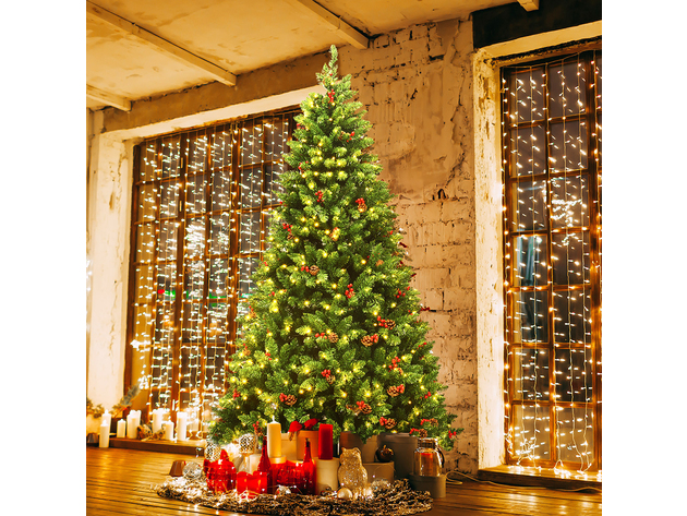 Costway 4.5Ft\6.5Ft\7.5Ft Pre-lit Hinged Christmas Tree w/ Pine Cones Red Berries and 300\450\450 LED Lights