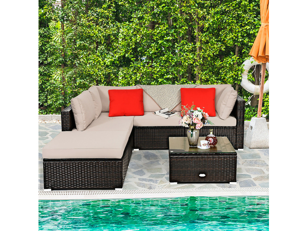 Costway 6 Piece Outdoor Patio Rattan Furniture Set Cushioned Sectional Sofa Ottoman - Brown