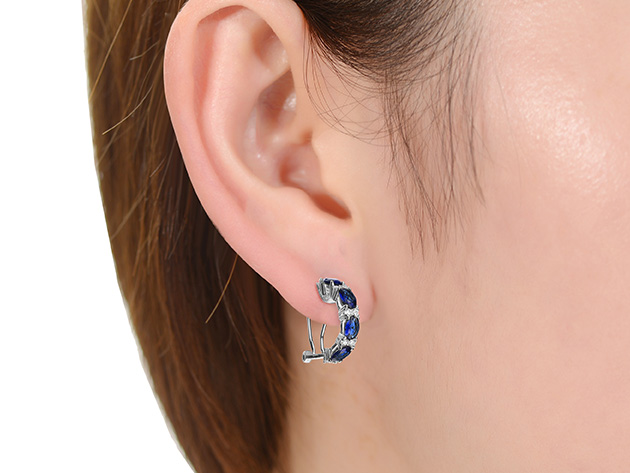 Genevive Sterling Silver Rhodium Plated Hoop Earrings (Sapphire)