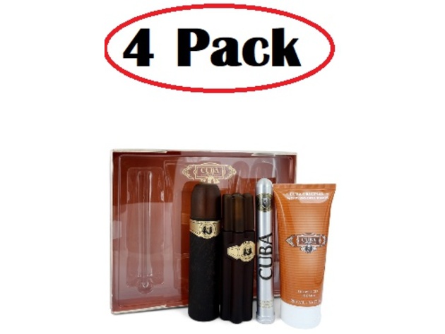 4 Pack of Cuba Gold by Fragluxe Gift Set -- 3.3 oz Eau De Toilette Spray + 1.17 oz Eau De Toilette Spray + 3.3 oz After Shave + 6.7 oz Shower Gel