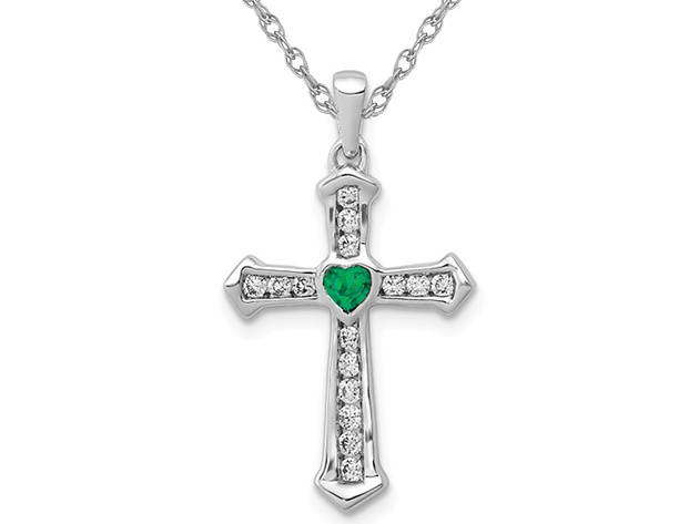 1/8 Carat (ctw) Lab Created Emerald Cross Pendant Necklace 14K White Gold with Lab Created Diamonds