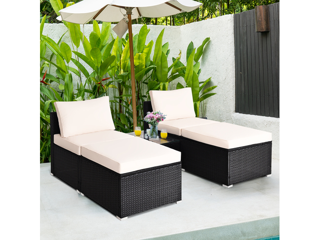 Costway 5 Piece Patio Rattan Wicker Furniture Set Armless Sofa Ottoman Cushioned Garden - Black