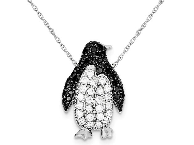 Sterling Silver Penguin Charm Pendant Necklace with Black and White Synthetic Cubic Zirconia (CZ)