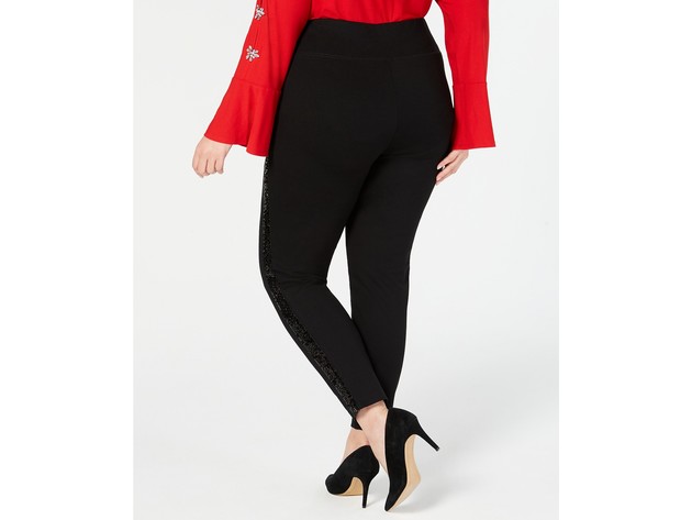 INC Internatinal Concepts Women's Sequin-Varsity-Stripe Ponte-Knit Pants Black Size 18W