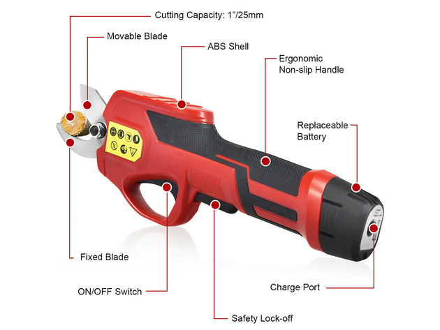 Costway 25mm Cordless Electric Pruning Shears W/ 2Ah Rechargeable Battery - Red and Black