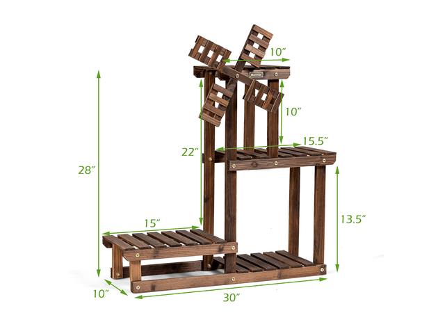 Costway Wood Plant Stand 4 Tier Shelf Multiple Flower Pot Windmill Design - Brown