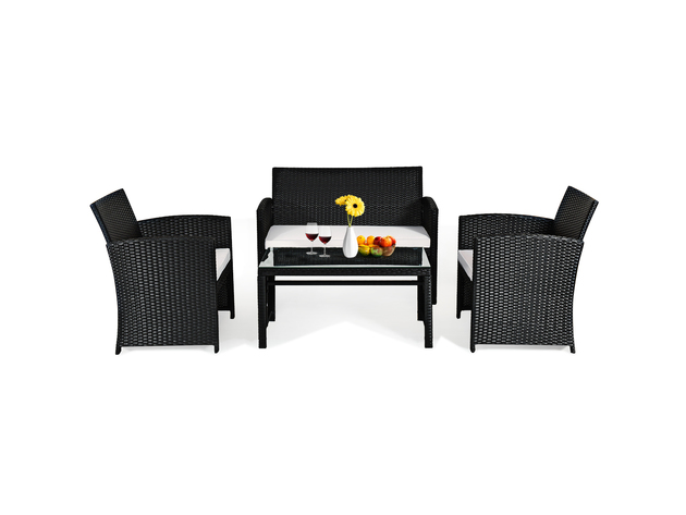 Costway 4 Piece Patio Rattan Furniture Conversation Set Cushioned Sofa Table Garden Black