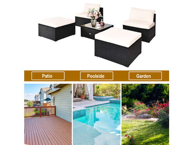 Costway 5 Piece Patio Rattan Wicker Furniture Set Armless Sofa Ottoman Cushioned Garden - Black