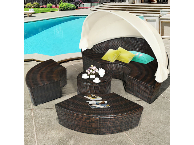 Costway Rattan Daybed Cushioned Canopy Sofa with 3 Pillows (Black)