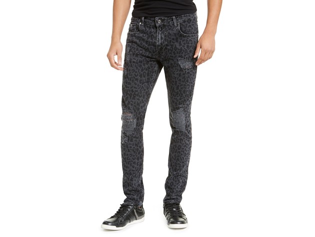 Guess Men's Ripped Leopard Skinny Jeans Dark Gray Size 34